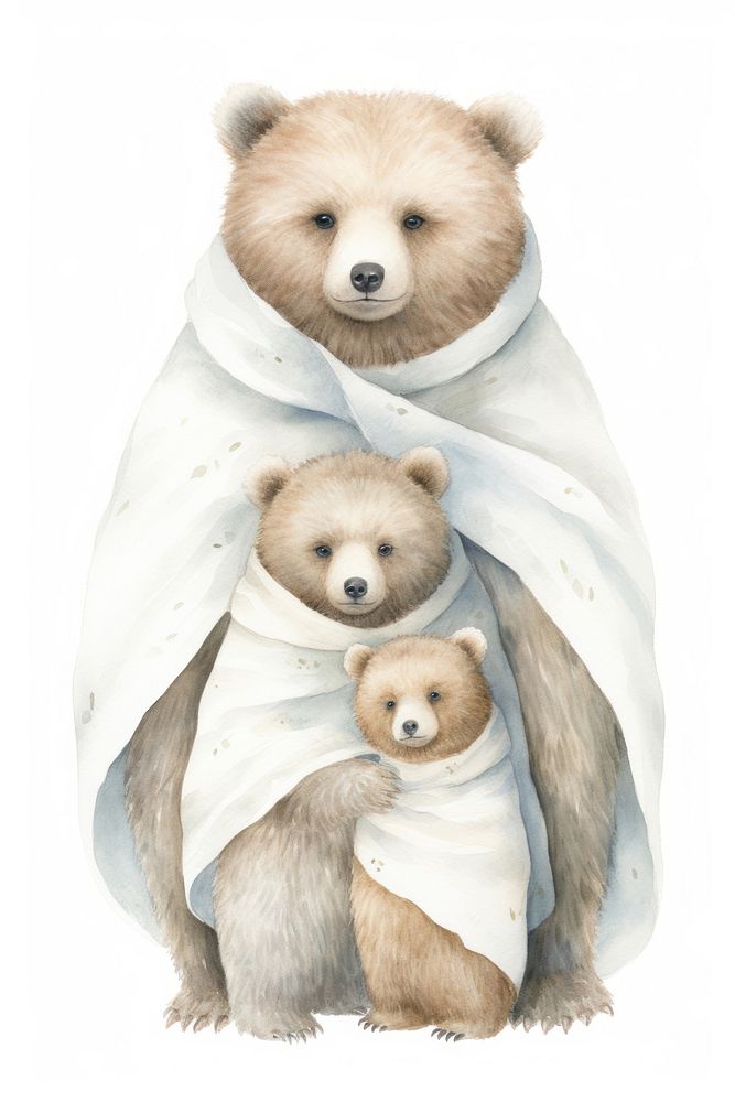 The apron-clad mother bear wraps her arms around her cub mammal white background representation. AI generated Image by…