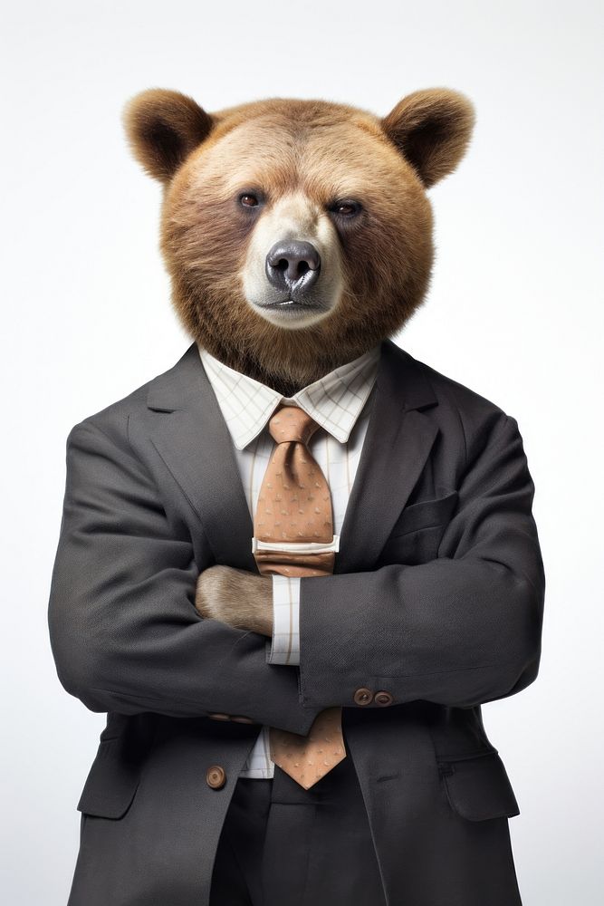 A baby bear in a business suit displaying an expression of extreme exasperation and irritation mammal animal representation.…