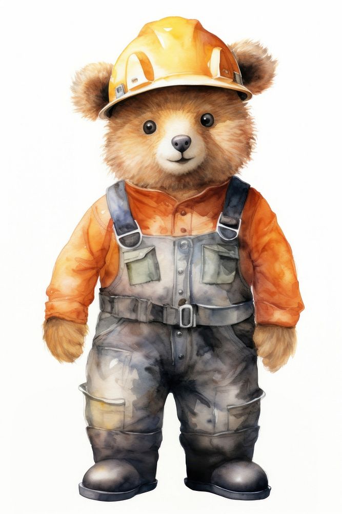 A cute baby bear wearing an orange safety helmet and vest for protection toy white background representation. AI generated…