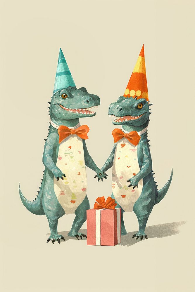 Happy 2 Chinese Dragons holding a giftboxs animal hat representation. AI generated Image by rawpixel.