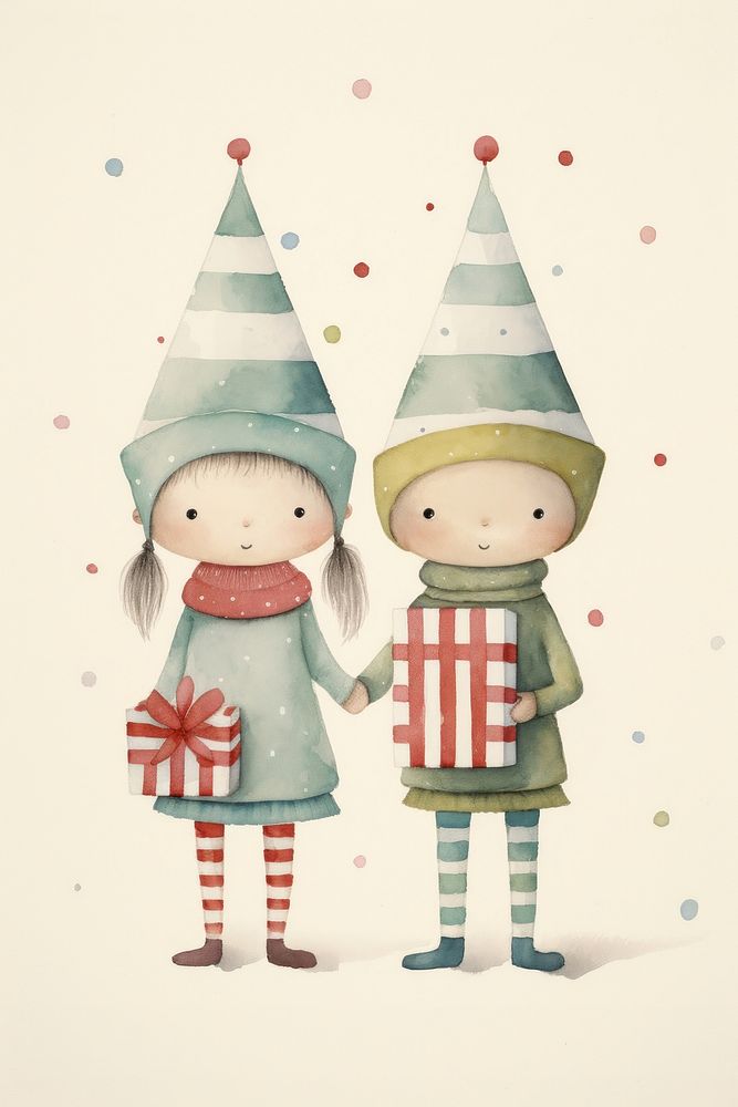 Happy elfs holding a giftbox drawing cute hat. AI generated Image by rawpixel.