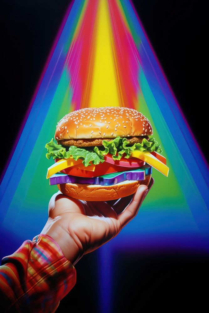 A Hamburger held in a hand hamburger food vegetable. AI generated Image by rawpixel.