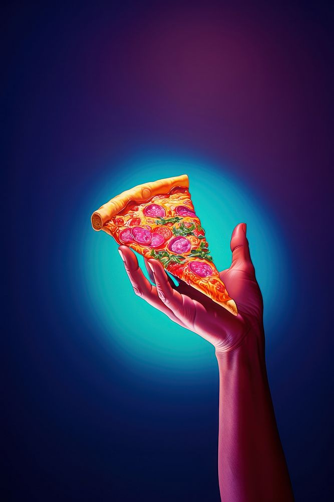 A hand holding a slice of pizza adult food advertisement. AI generated Image by rawpixel.