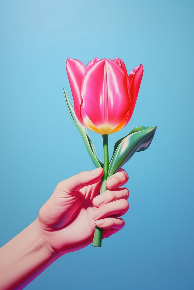A hand holding a small tulip flower petal plant. AI generated Image by rawpixel.
