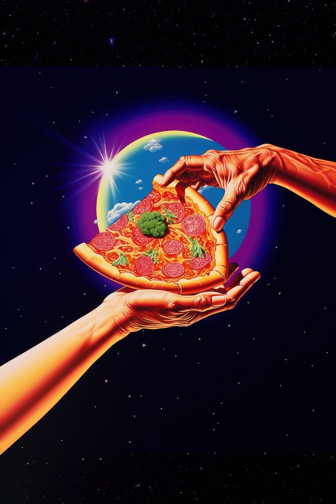 A hand holding a slice of pizza advertisement glowing science. AI generated Image by rawpixel.