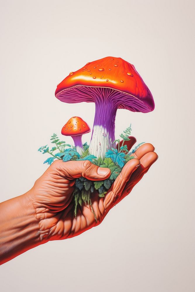 A hand holding a simple mushroom fungus plant toadstool. AI generated Image by rawpixel.