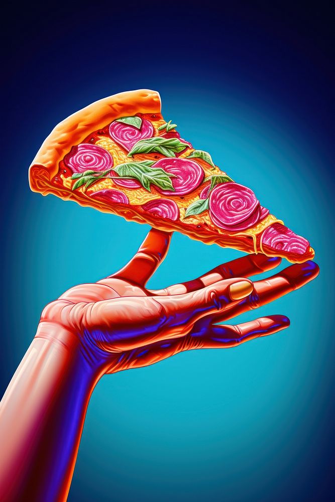 A hand holding a slice of pizza adult food art. AI generated Image by rawpixel.