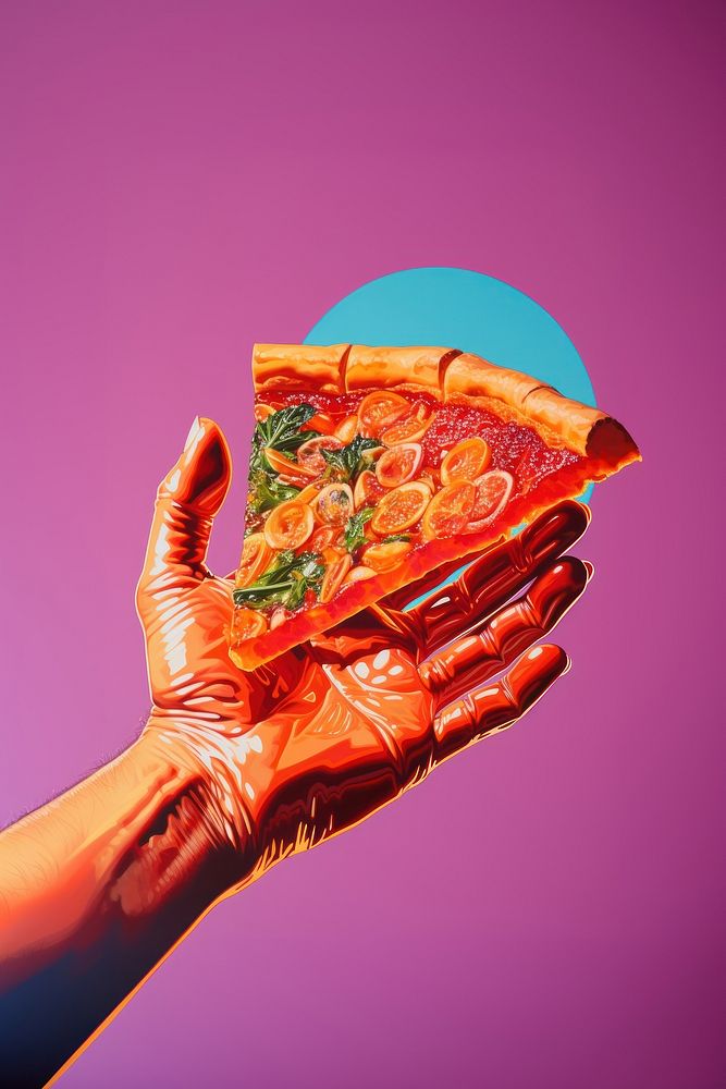 A hand holding a slice of pizza food advertisement vegetable. AI generated Image by rawpixel.