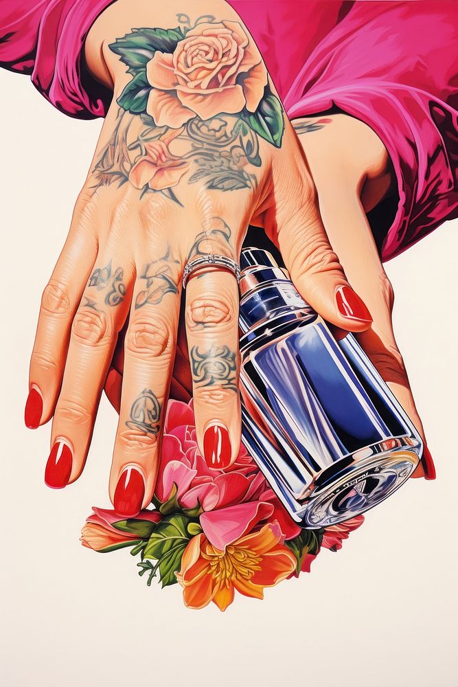 A hand holding a perfume tattoo finger art. AI generated Image by rawpixel.