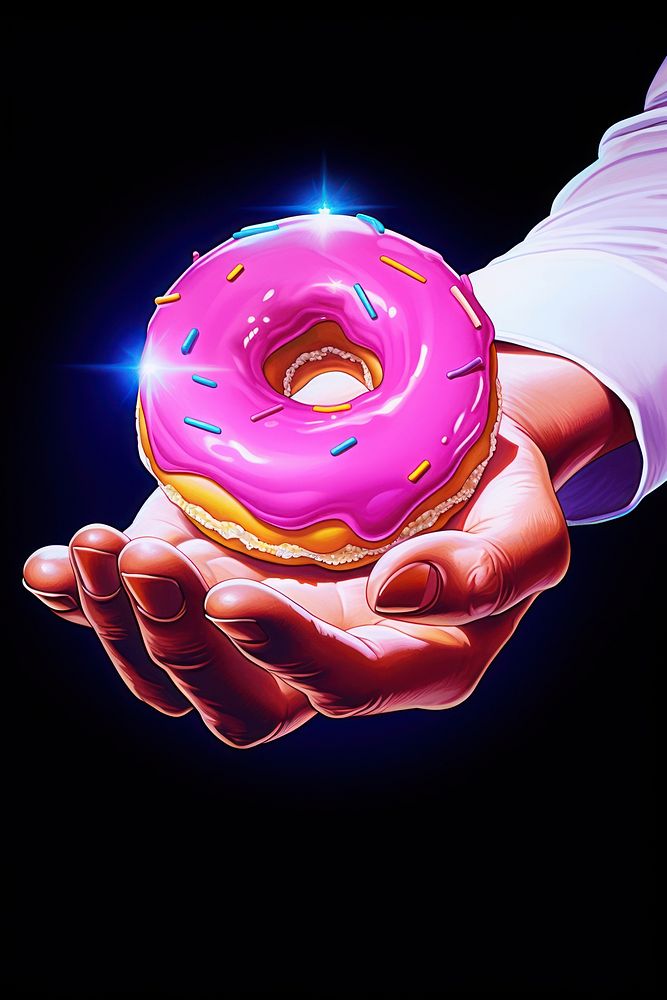 A hand holding a small donut food confectionery illuminated. AI generated Image by rawpixel.