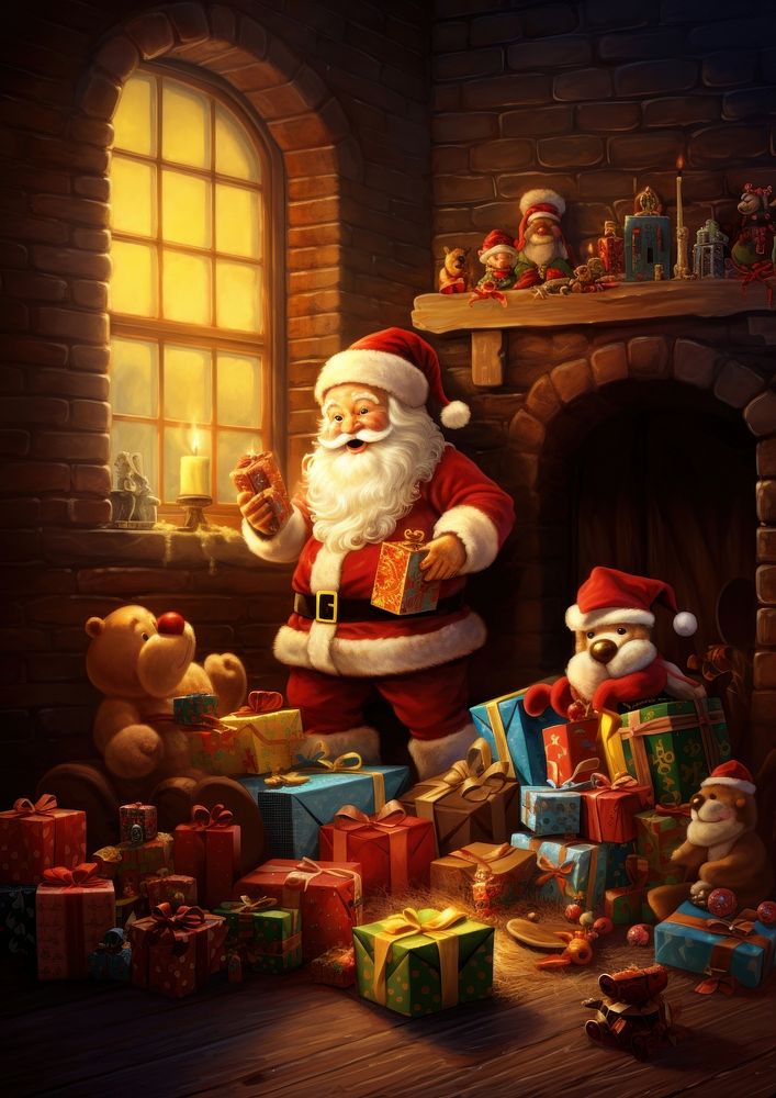 A christmas painting of santa claus holding several dolls standing in front of the fireplace gift bag architecture. AI…