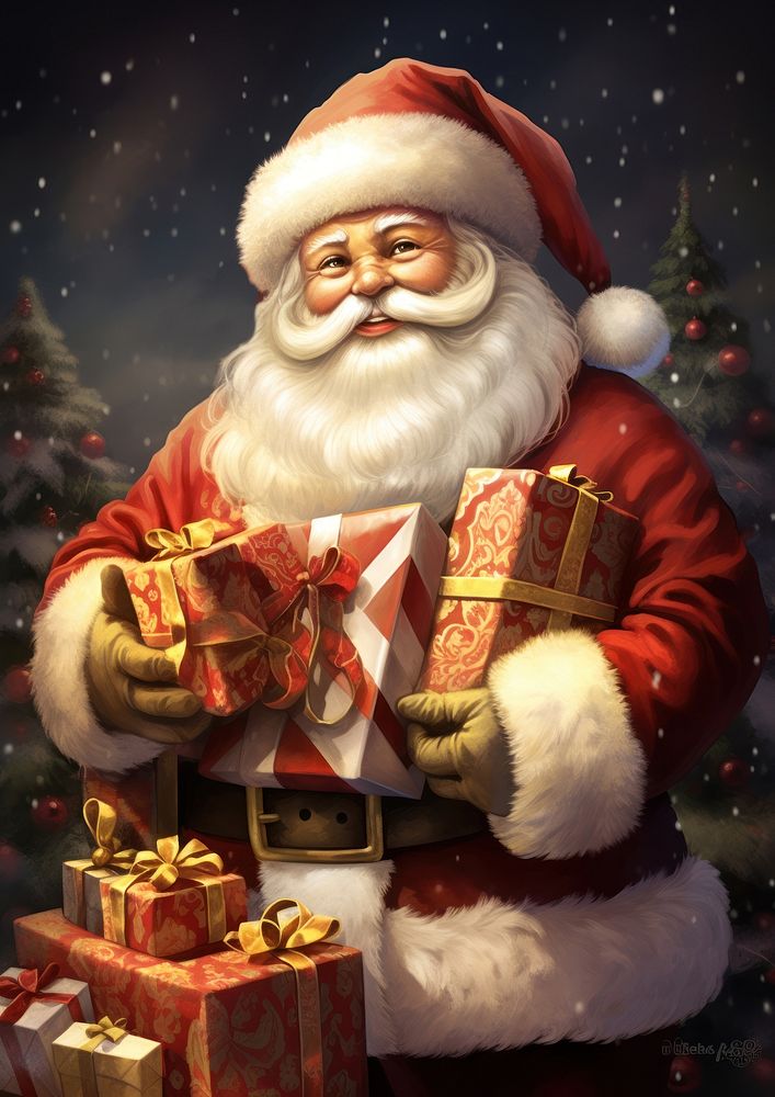 A christmas painting of santa claus holding several gifts celebration decoration tradition. AI generated Image by rawpixel.