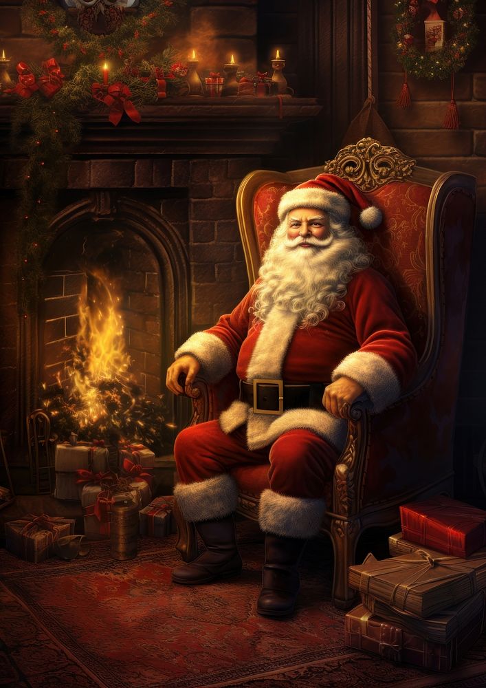 A christmas painting of santa claus holding several gifts fireplace illuminated celebration. AI generated Image by rawpixel.