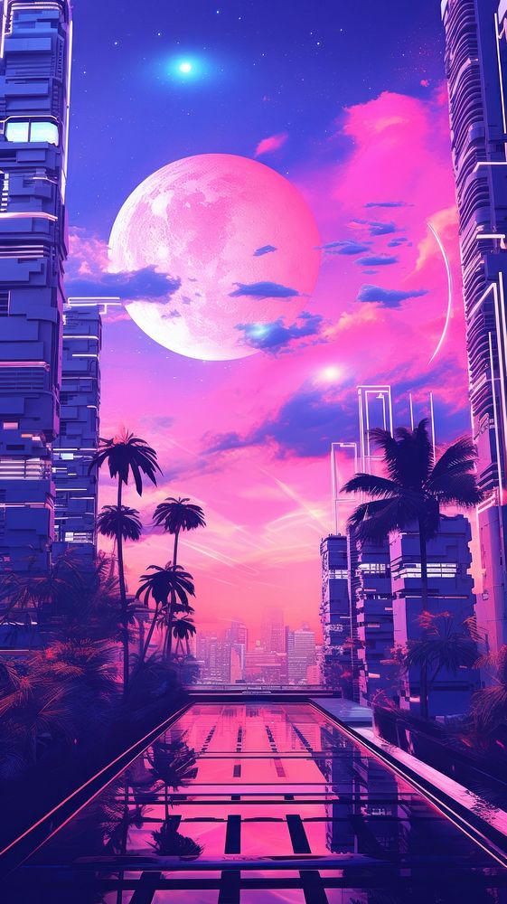 Aesthetic vaporwave wallpaper architecture building outdoors. AI generated Image by rawpixel.
