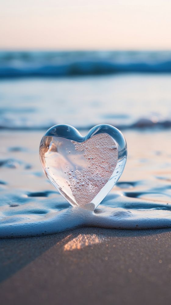 A heart made of glass on a beach reflection sunlight outdoors. 
