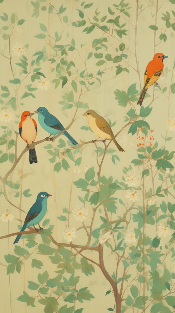 Beautiful birds wallpaper painting pattern animal. AI generated Image by rawpixel.
