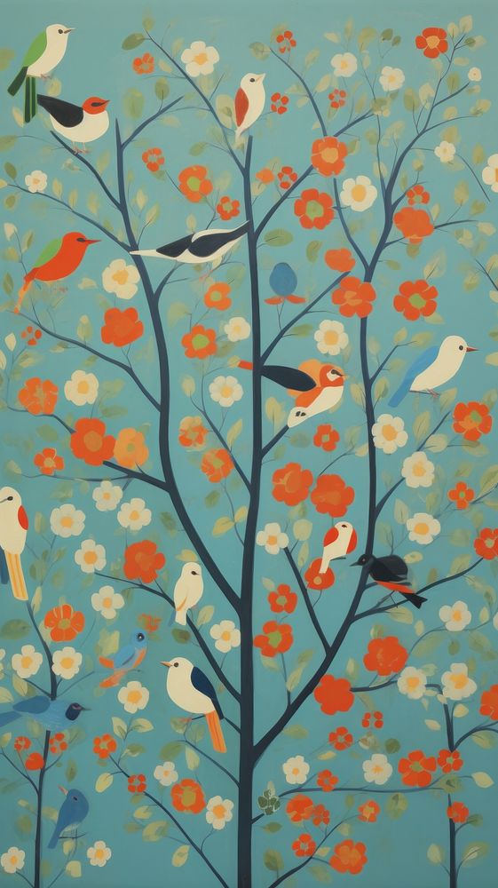 Beautiful birds wallpaper painting pattern art. AI generated Image by rawpixel.