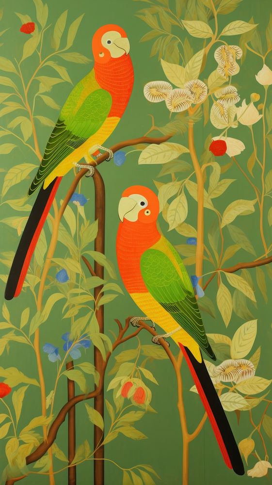 Beautiful birds wallpaper painting parrot animal. AI generated Image by rawpixel.