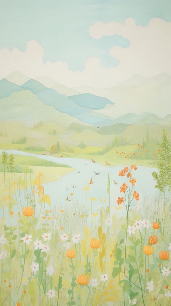 Beautiful nature wallpaper painting grassland outdoors. AI generated Image by rawpixel.