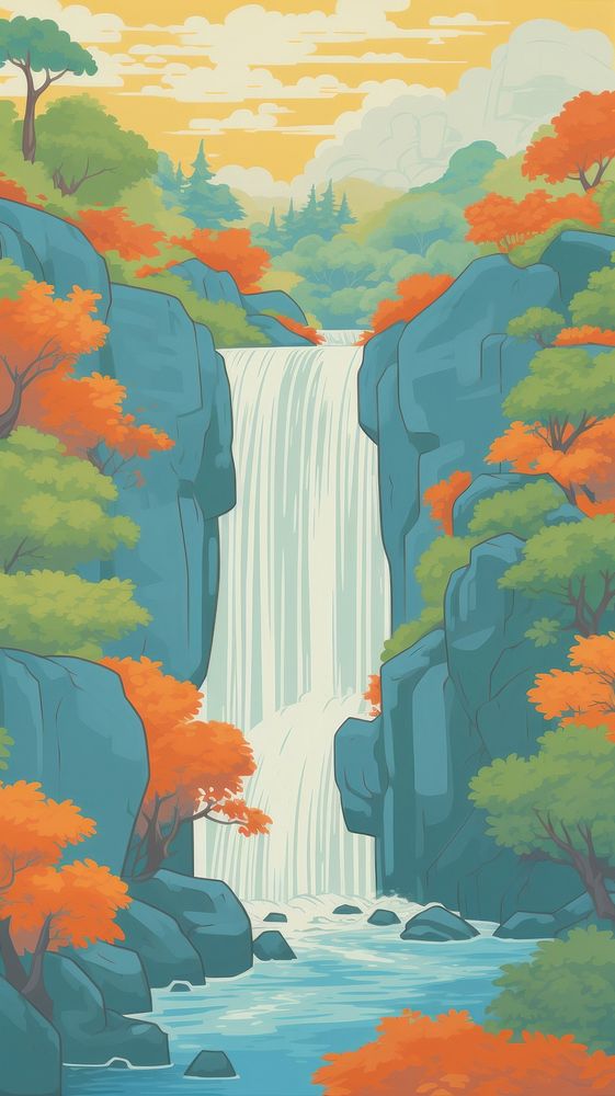 Beautiful waterfall wallpaper painting outdoors nature. AI generated Image by rawpixel.