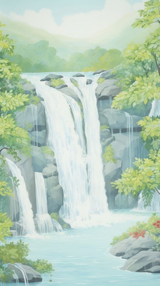 Beautiful waterfall wallpaper outdoors painting nature. AI generated Image by rawpixel.