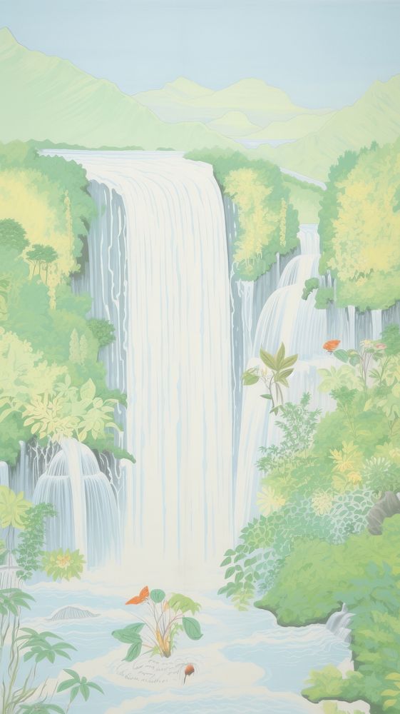 Beautiful waterfall wallpaper painting outdoors nature. AI generated Image by rawpixel.