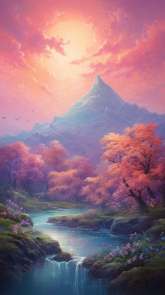 Fantasy landscape wallpaper painting outdoors nature. AI generated Image by rawpixel.