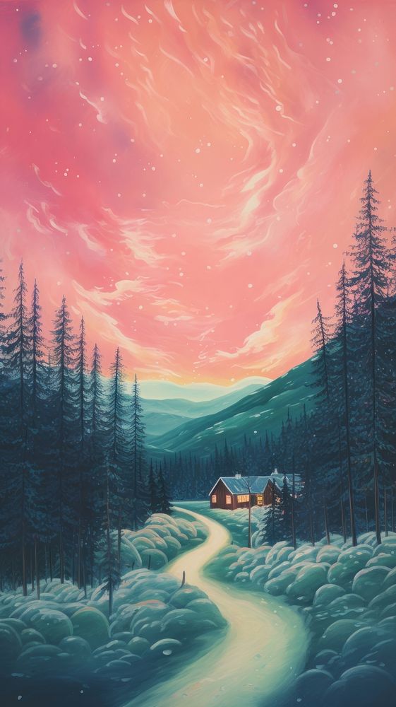 Northern light wallpaper painting architecture landscape. AI generated Image by rawpixel.