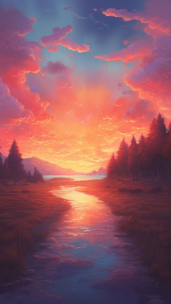 Sunset wallpaper landscape outdoors painting. AI generated Image by rawpixel.