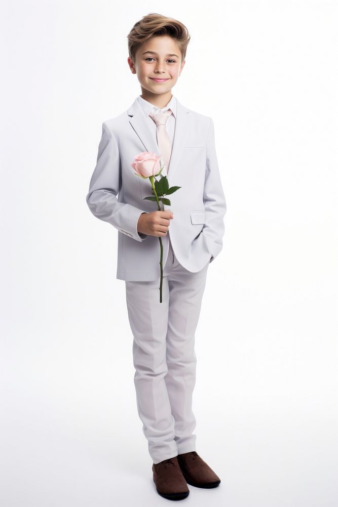 A cute boy holding a beautiful rose standing tuxedo blazer. AI generated Image by rawpixel.