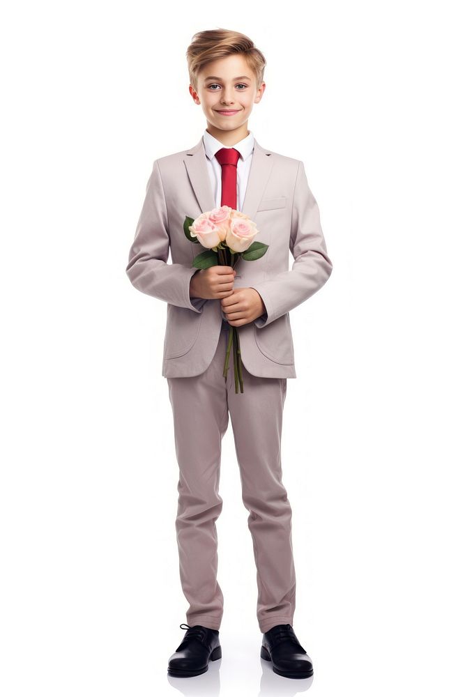 A cute boy holding a beautiful rose standing tuxedo blazer. AI generated Image by rawpixel.