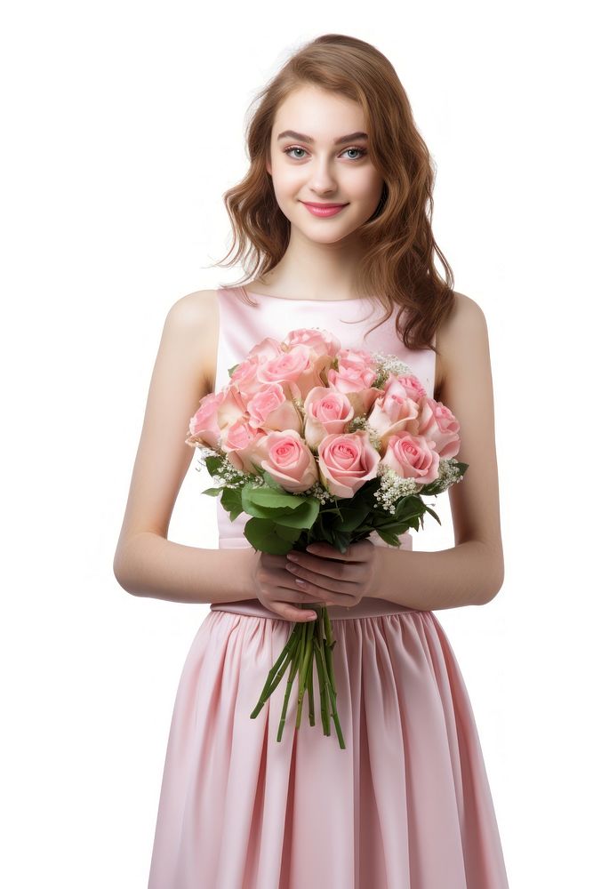 A cute girl holding a beautiful bouquet of roses wedding bridesmaid standing. AI generated Image by rawpixel.