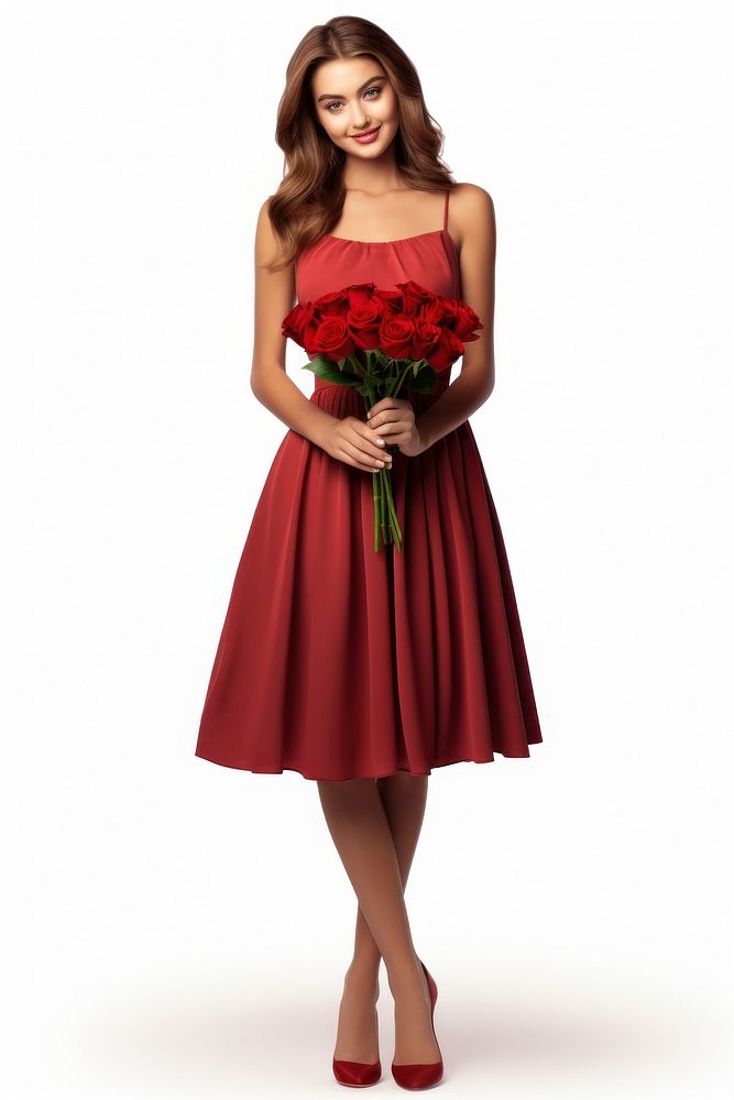 A beautiful young girl holding a bouquet of red roses wedding standing flower. AI generated Image by rawpixel.