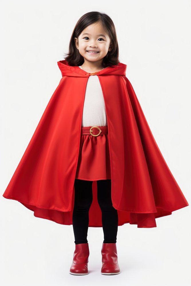 A Little child girl in cute clothes and wearing a red cape overcoat standing fashion. AI generated Image by rawpixel.