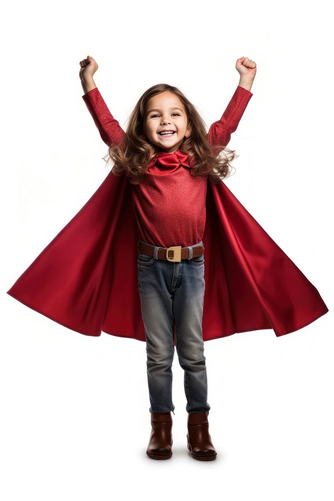 A Little child girl plays superhero while wearing a red cape standing portrait costume. AI generated Image by rawpixel.