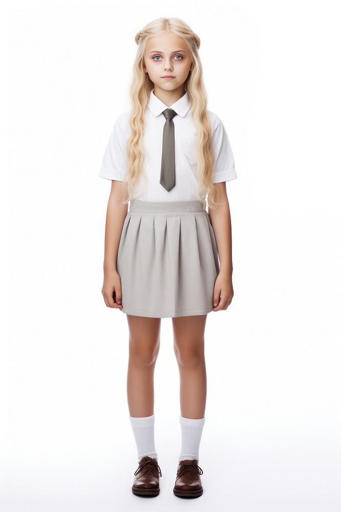 A young blonde girl wearing student uniform miniskirt footwear standing. AI generated Image by rawpixel.