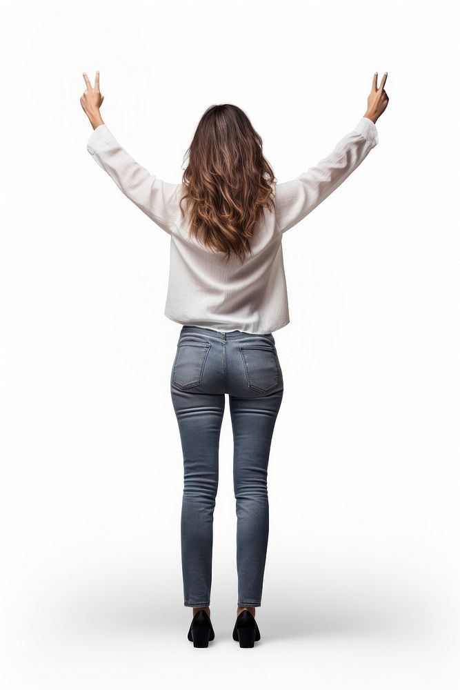 Rear view of a woman raising her hand up standing jeans denim. AI generated Image by rawpixel.