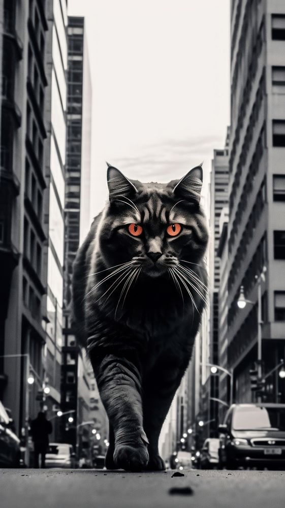 A giant cat walking in the city architecture cityscape animal. 