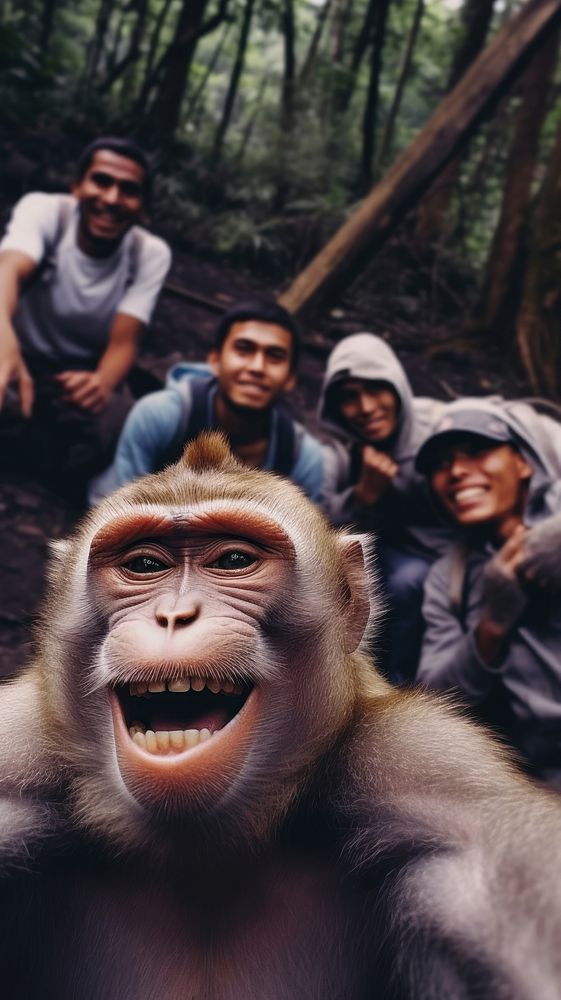 A forest monkey smile taking a selfie with campers wildlife mammal animal. AI generated Image by rawpixel.