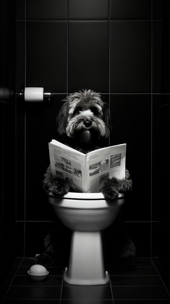 A dog sitting in the toilet and reading newspaper publication bathroom mammal. 