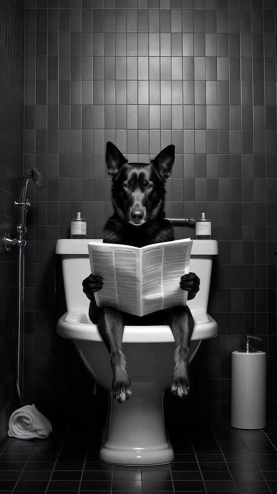 A dog sitting in the toilet and reading newspaper bathroom black publication. 