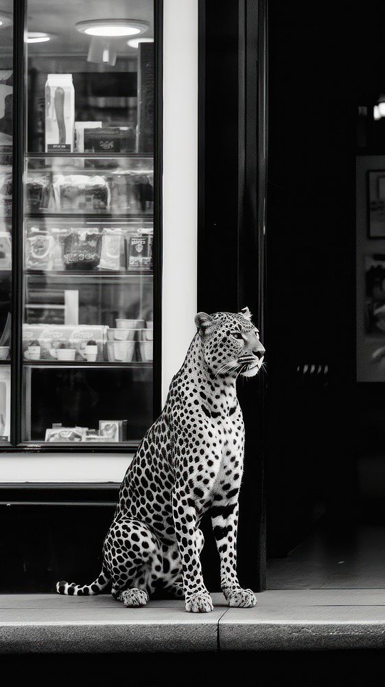 A cheetah in front of the shop in the city wildlife leopard animal. 