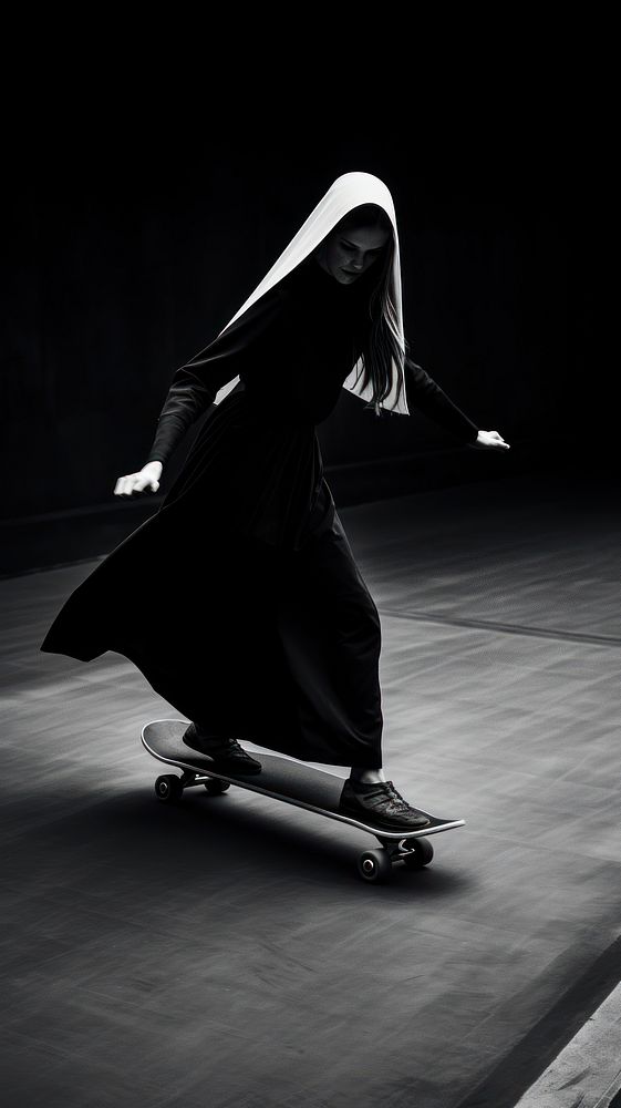 A nun playing skateboard on the street footwear motion black. AI generated Image by rawpixel.