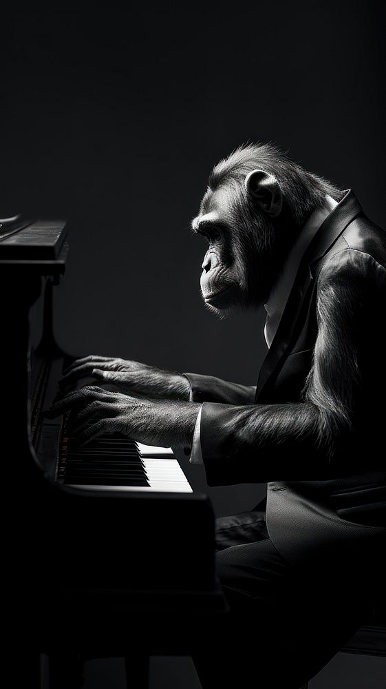 A monkey wearing taxedo playing piano photography musician portrait. 