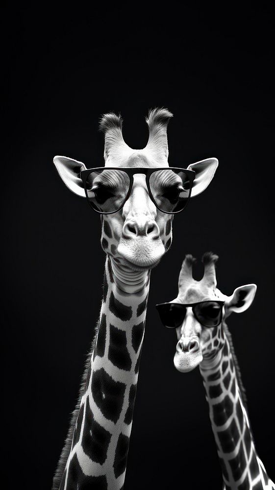 A giraffe wearing sun glasses photography wildlife portrait. 