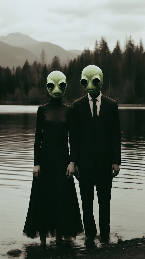 A couple wearing alien mask dressing beautiful standing infront of the river photography portrait outdoors. 