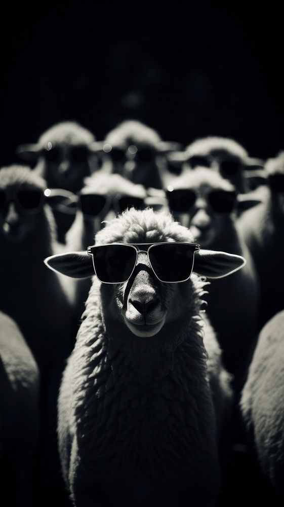 Sheeps walking in the garden but a sheep in the middle wearing sunglasses photography livestock wildlife. 