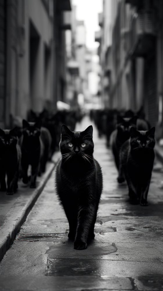A lot of black cats walking in the city mammal animal street. 