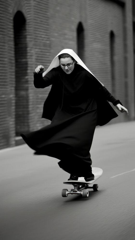 A nun playing skateboard on the street photography footwear portrait. 