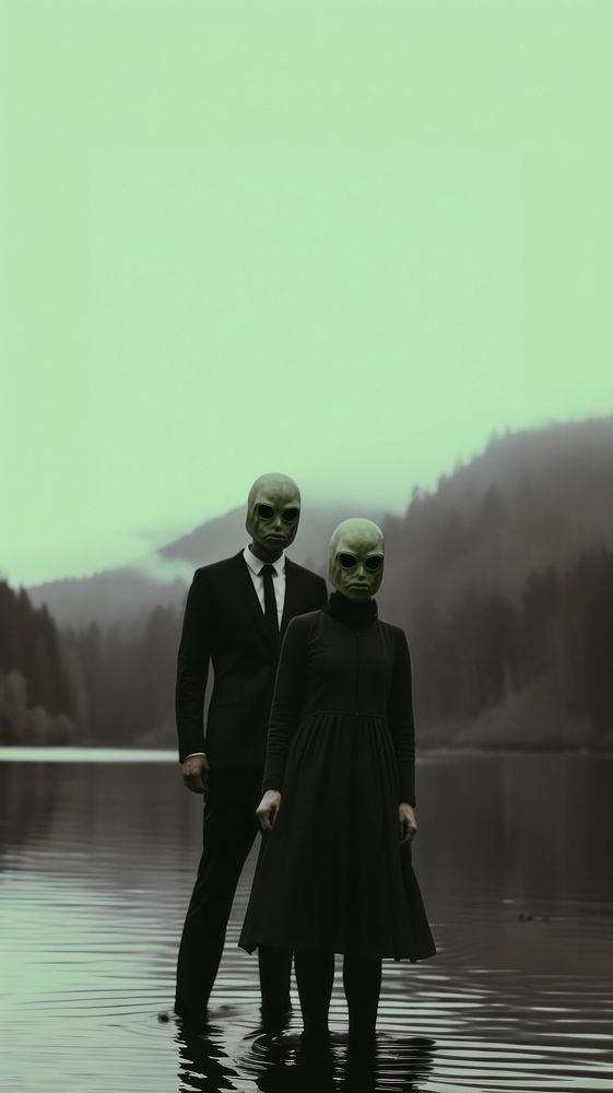 A couple wearing alien mask dressing beautiful standing infront of the river photography silhouette outdoors. AI generated…